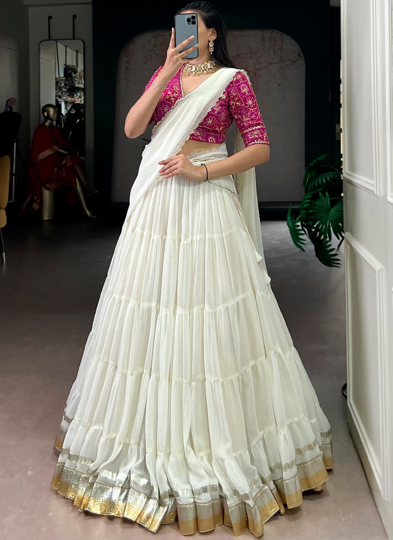 Off White Gota Patti Lace Border Marble Silk Ruffle Style Lehenga Choli