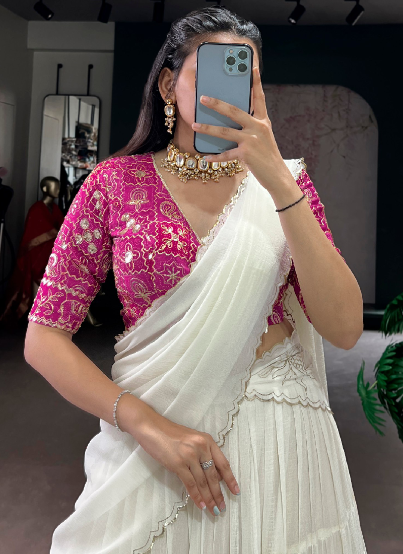 Off White Gota Patti Lace Border Marble Silk Ruffle Style Lehenga Choli