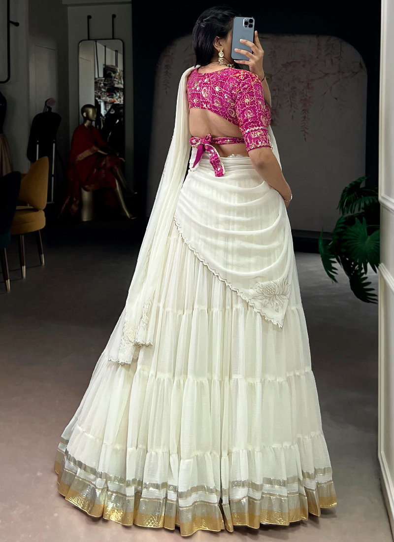 Off White Gota Patti Lace Border Marble Silk Ruffle Style Lehenga Choli