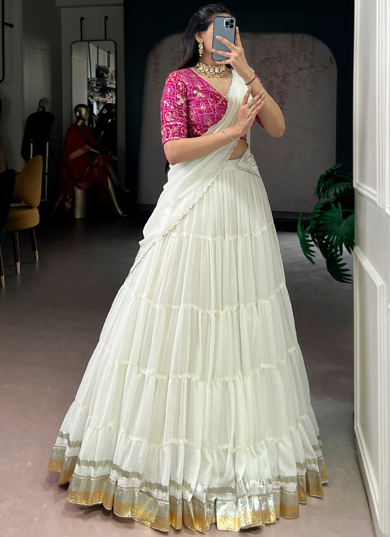 Off White Gota Patti Lace Border Marble Silk Ruffle Style Lehenga Choli