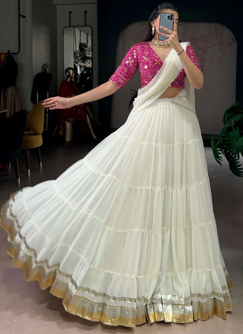 Off White Gota Patti Lace Border Marble Silk Ruffle Style Lehenga Choli