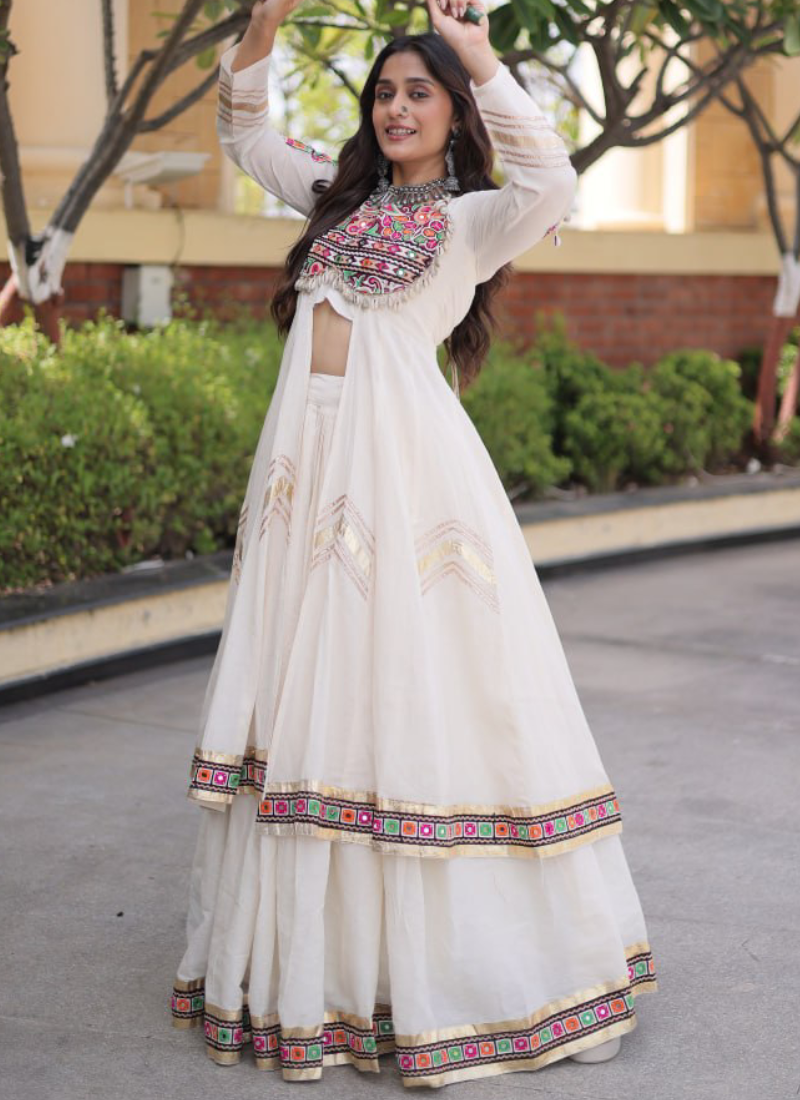 Off White Kora Cotton Gamthi Thread With Real Mirror Lehenga Shrug Set