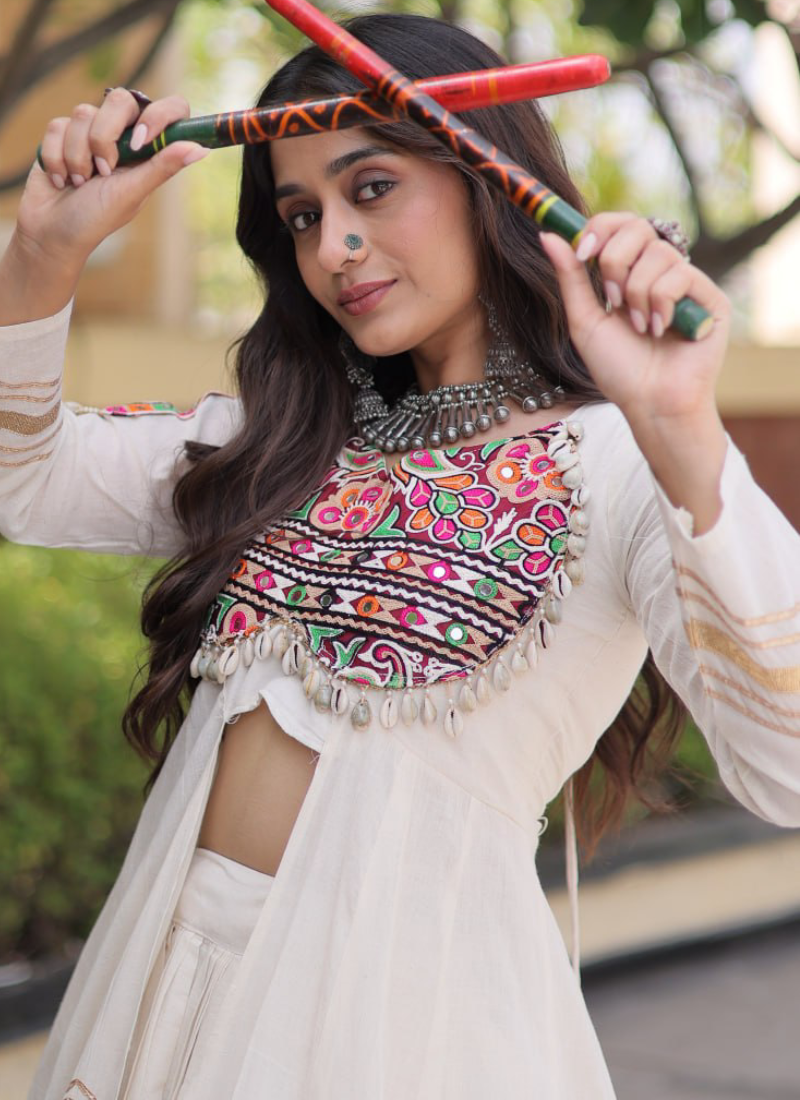 Off White Kora Cotton Gamthi Thread With Real Mirror Lehenga Shrug Set