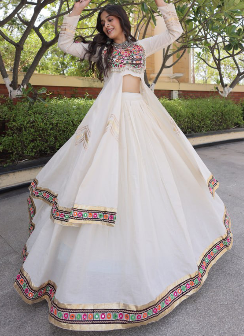 Off White Kora Cotton Gamthi Thread With Real Mirror Lehenga Shrug Set
