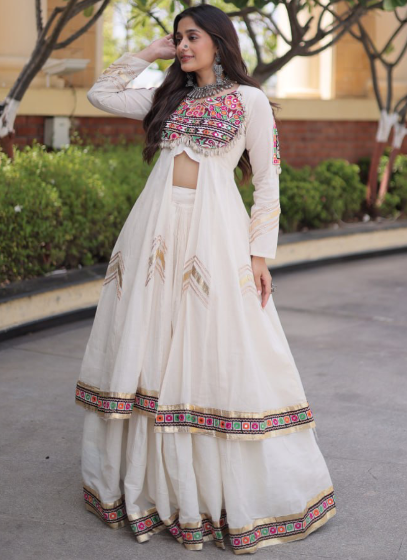 Off White Kora Cotton Gamthi Thread With Real Mirror Lehenga Shrug Set