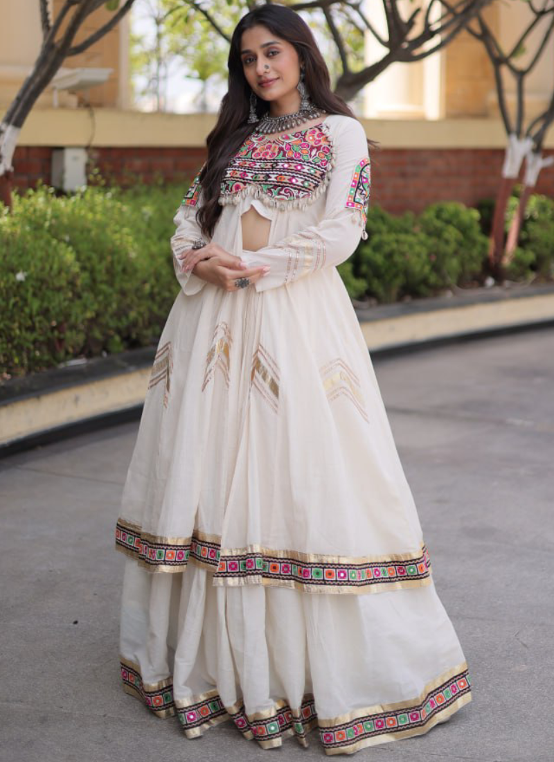 Off White Kora Cotton Gamthi Thread With Real Mirror Lehenga Shrug Set