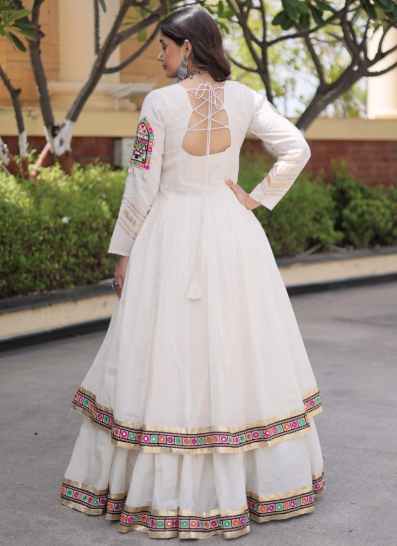 Off White Kora Cotton Gamthi Thread With Real Mirror Lehenga Shrug Set
