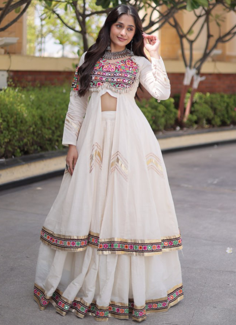 Off White Kora Cotton Gamthi Thread With Real Mirror Lehenga Shrug Set