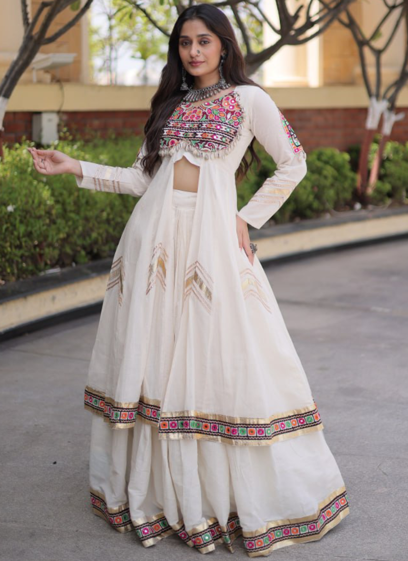 Off White Kora Cotton Gamthi Thread With Real Mirror Lehenga Shrug Set
