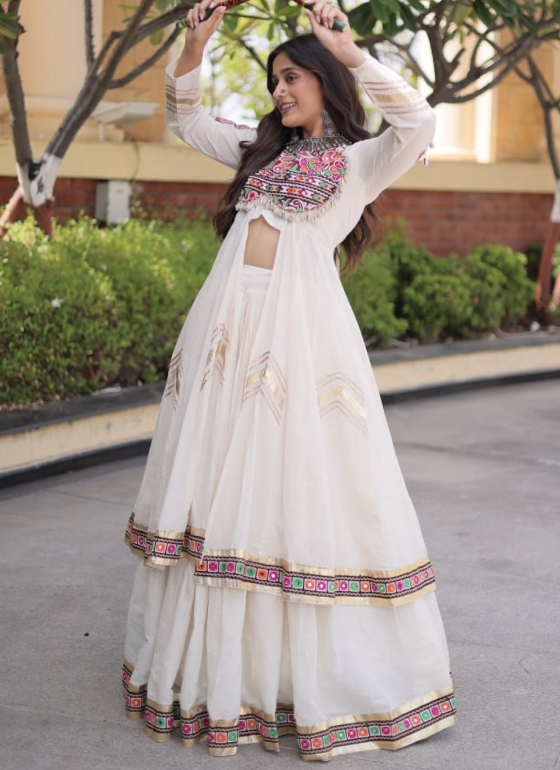 Off White Kora Cotton Gamthi Thread With Real Mirror Lehenga Shrug Set