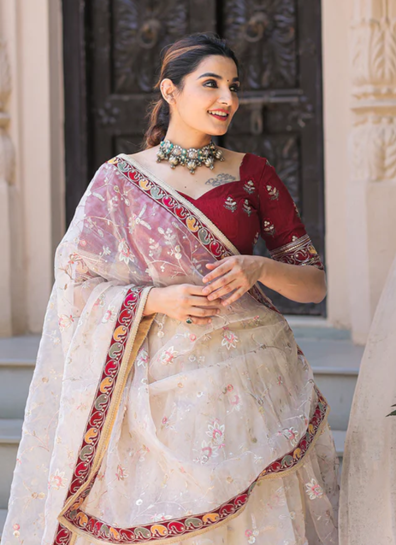 Off White Multi Embroidered Organza Lehenga With Maroon Blouse