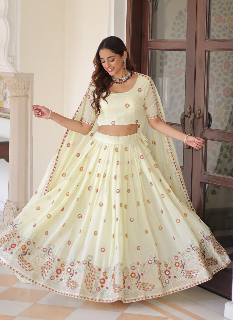 Off White Vichitra Silk Multi Thread Embroidered Work Lehenga Choli