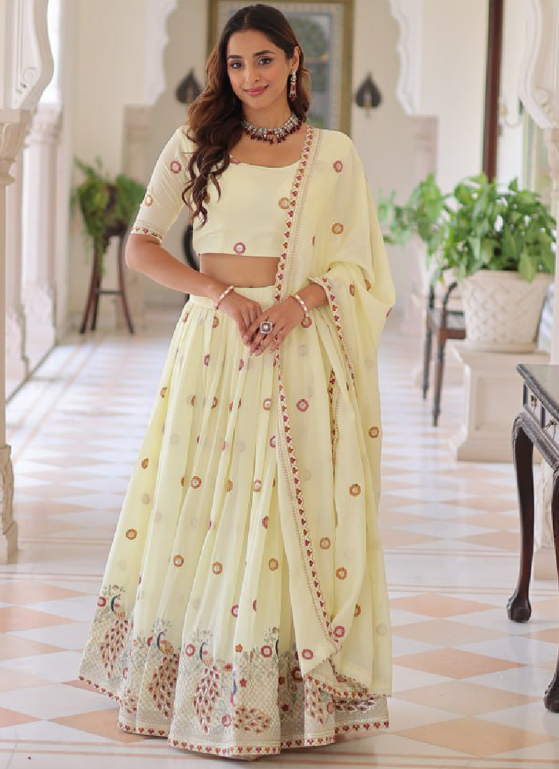 Off White Vichitra Silk Multi Thread Embroidered Work Lehenga Choli