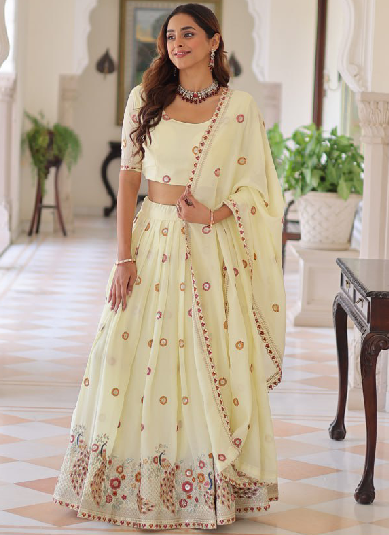 Off White Vichitra Silk Multi Thread Embroidered Work Lehenga Choli