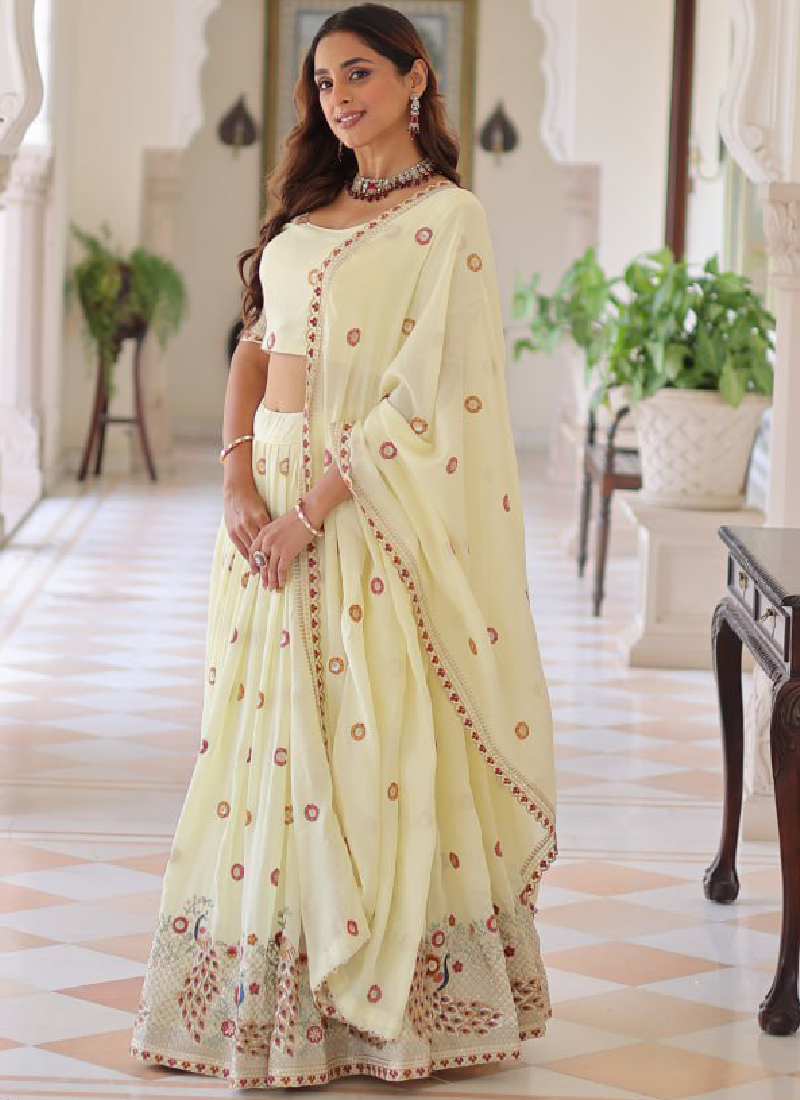 Off White Vichitra Silk Multi Thread Embroidered Work Lehenga Choli