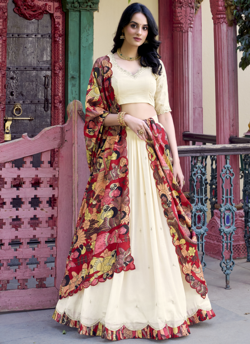 Off White Sequence Work Vichitra Silk Lehenga Choli With Dupatta
