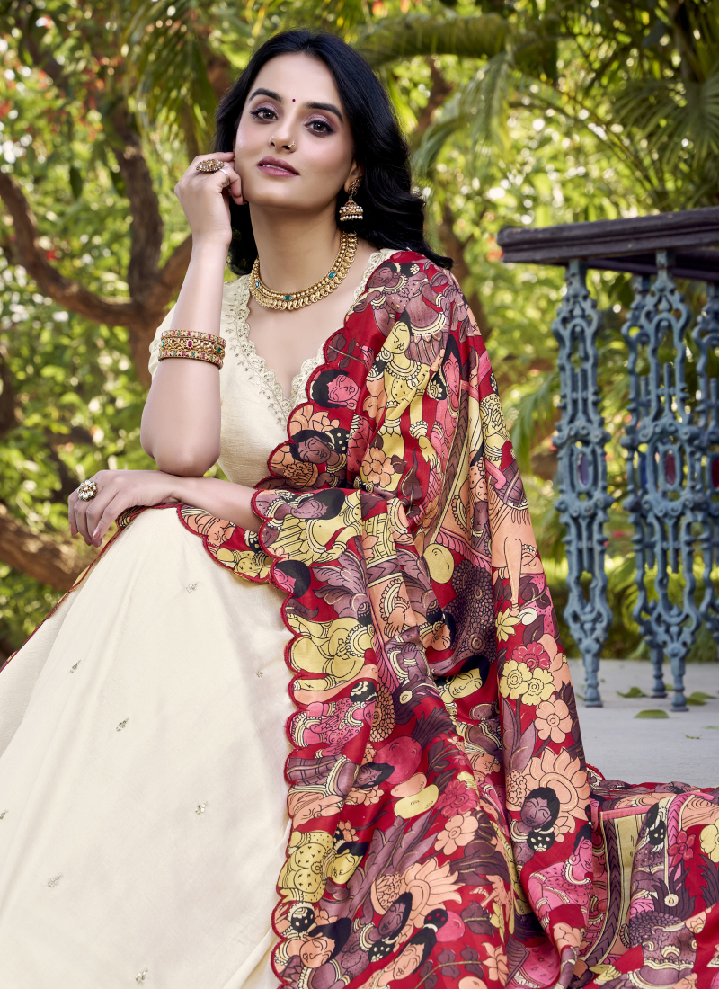 Off White Sequence Work Vichitra Silk Lehenga Choli With Dupatta
