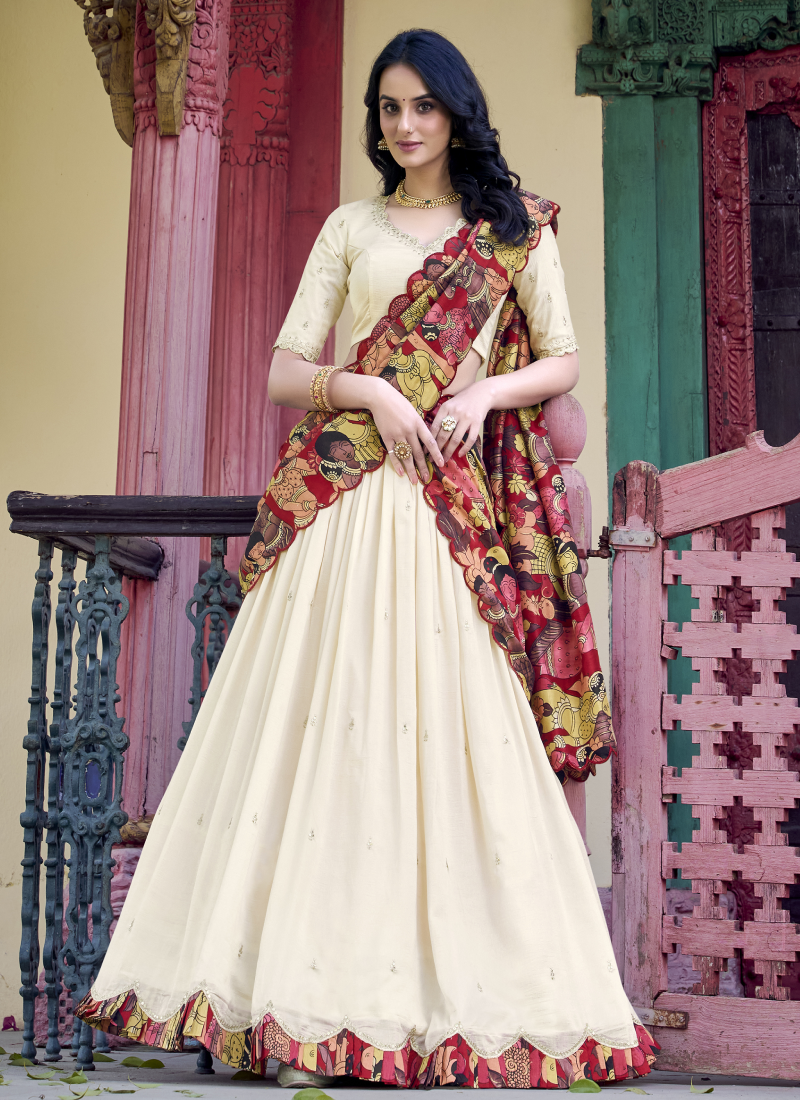 Off White Sequence Work Vichitra Silk Lehenga Choli With Dupatta