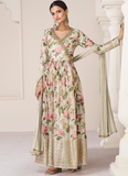 Attractive Floral Printed Off White Anarkali Dress With Dupatta