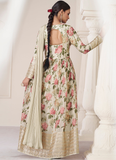 Off white Organza Silk Floral Print With Embroidery Work Anarkali Suit 