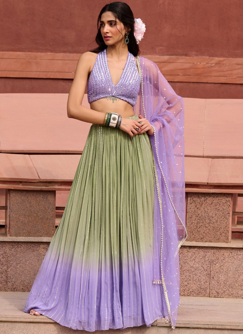 Olive Green And Lavender Georgette Sequence Embroidered Lehenga Choli