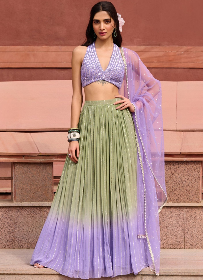 Olive Green And Lavender Georgette Sequence Embroidered Lehenga Choli