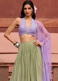 Olive Green And Lavender Georgette Sequence Embroidered Lehenga Choli