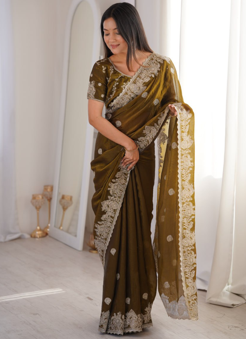Olive Green Fendy Crush Silk Designer Saree With Zari Embroidered Work
