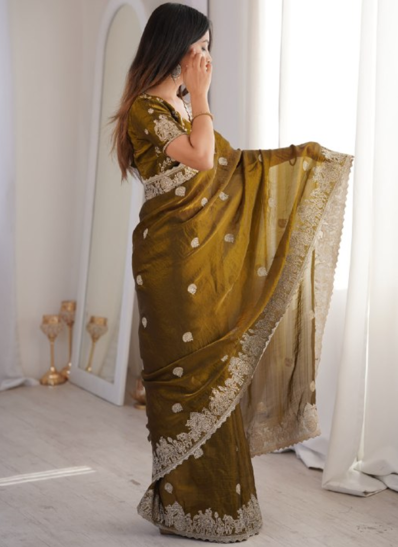 Olive Green Fendy Crush Silk Designer Saree With Zari Embroidered Work