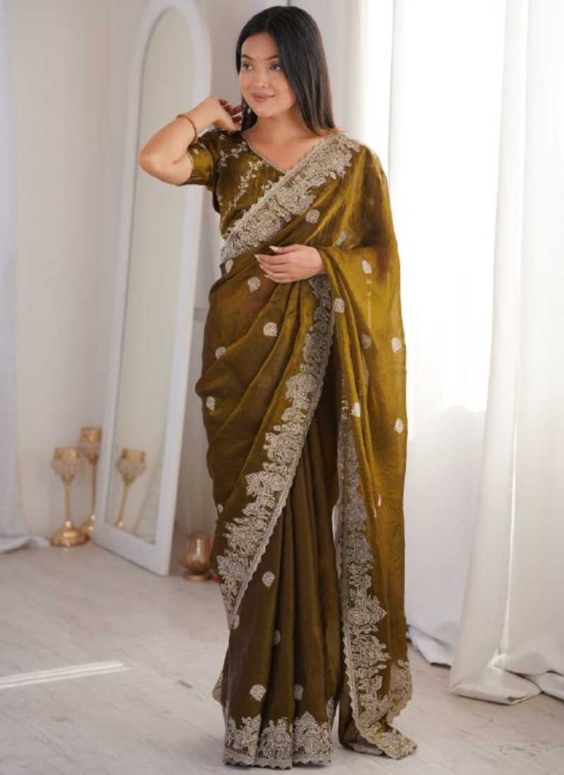 Olive Green Fendy Crush Silk Designer Saree With Zari Embroidered Work