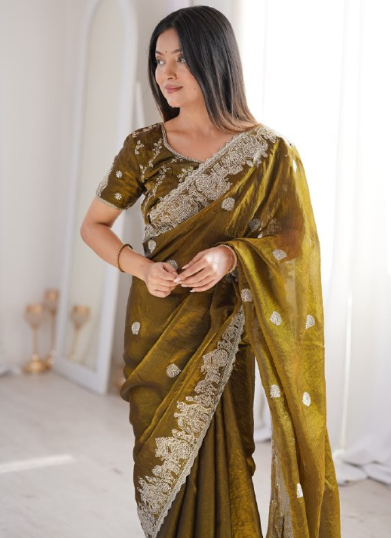 Olive Green Fendy Crush Silk Designer Saree With Zari Embroidered Work