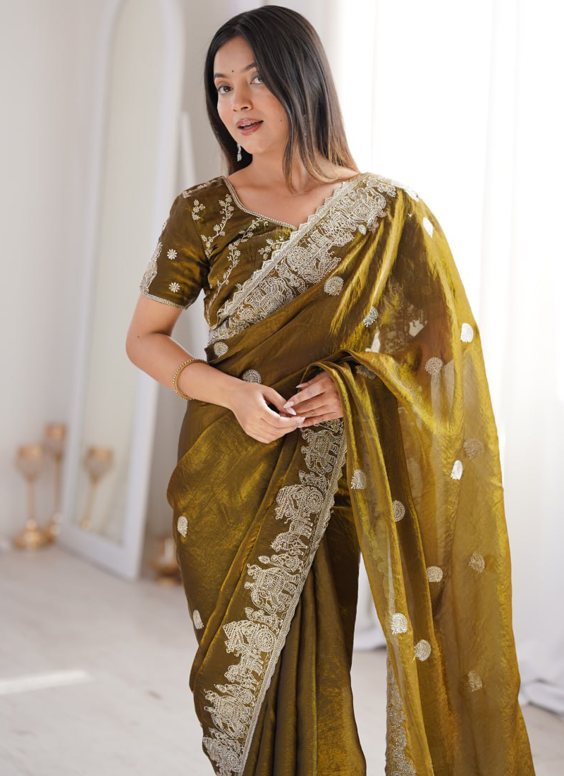 Olive Green Fendy Crush Silk Designer Saree With Zari Embroidered Work