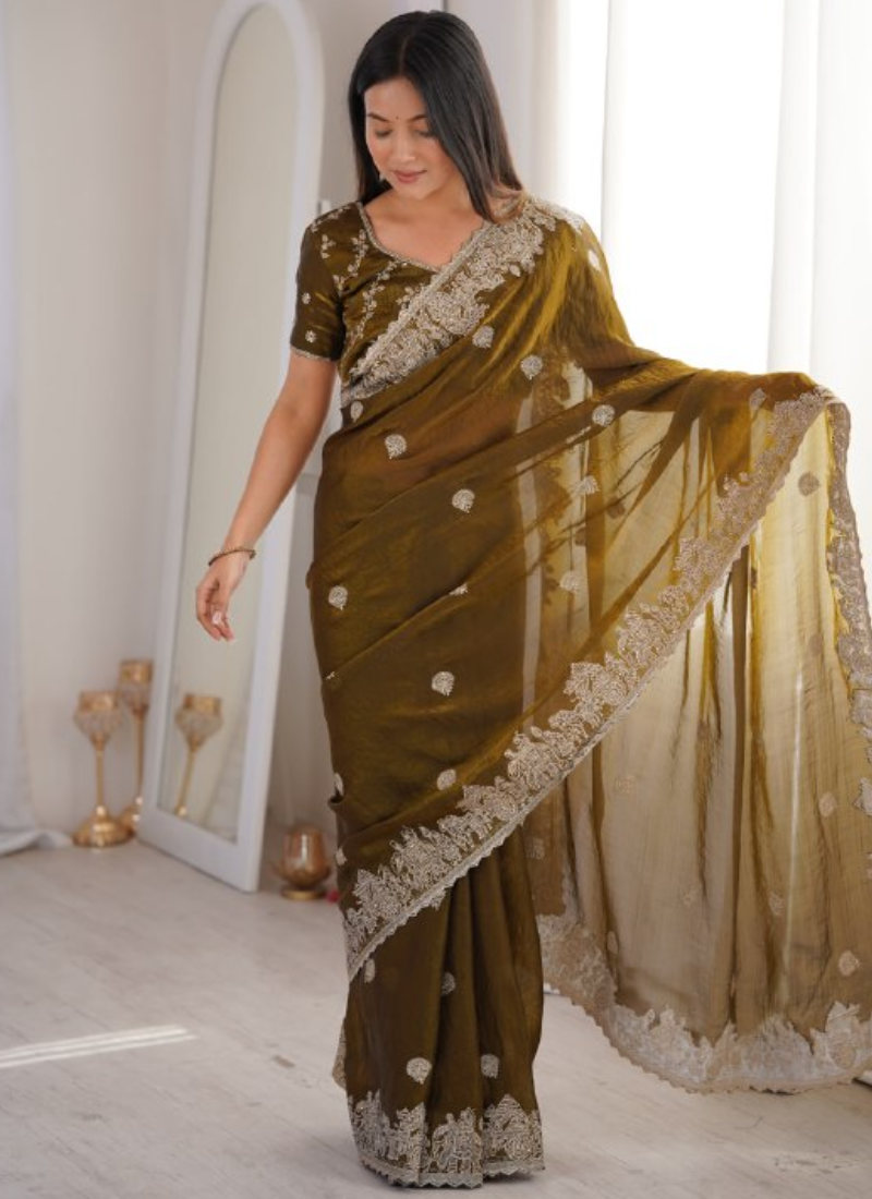 Olive Green Fendy Crush Silk Designer Saree With Zari Embroidered Work