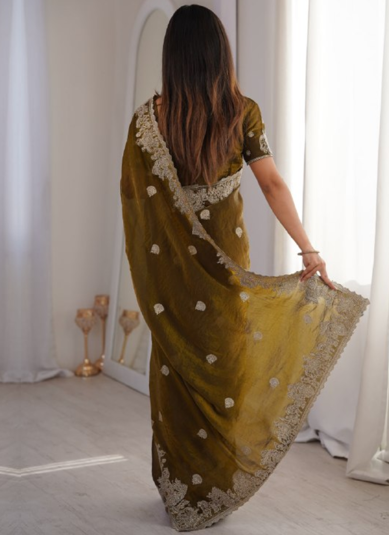 Olive Green Fendy Crush Silk Designer Saree With Zari Embroidered Work