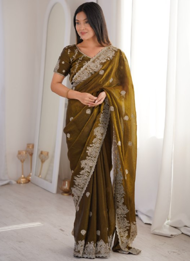 Olive Green Fendy Crush Silk Designer Saree With Zari Embroidered Work