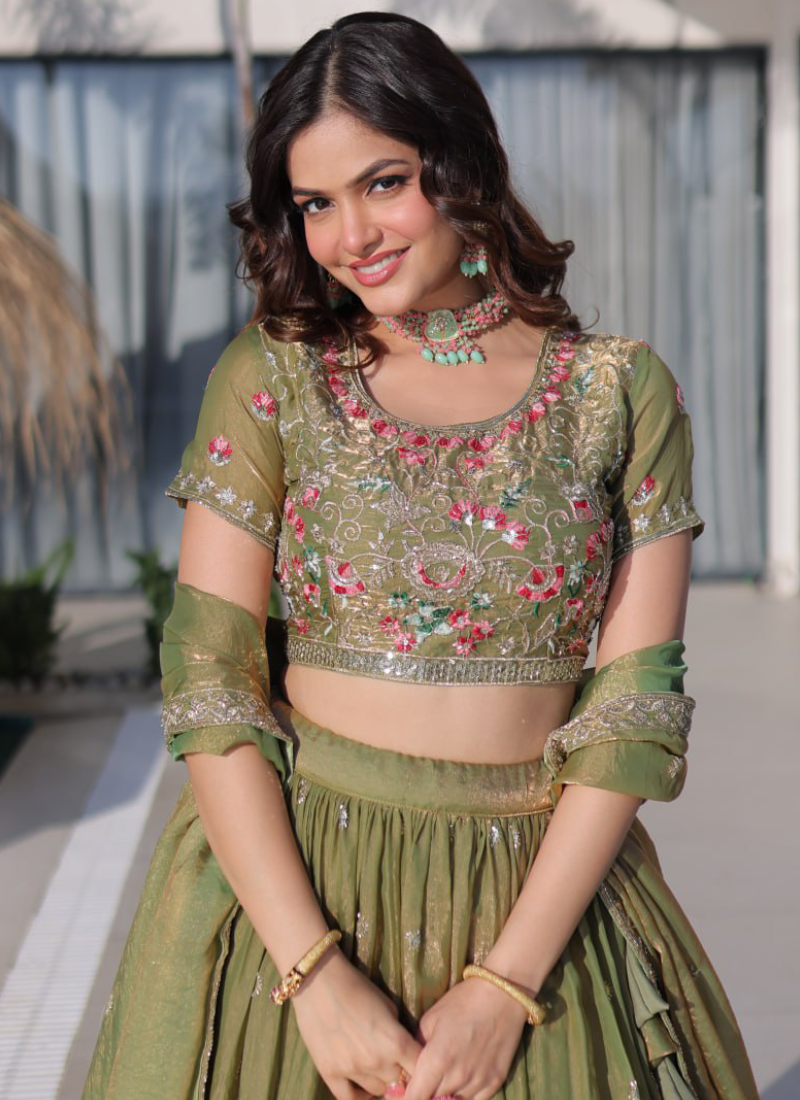Olive Green Lehenga Choli With Fendi Silk Sequins Embroidered Work