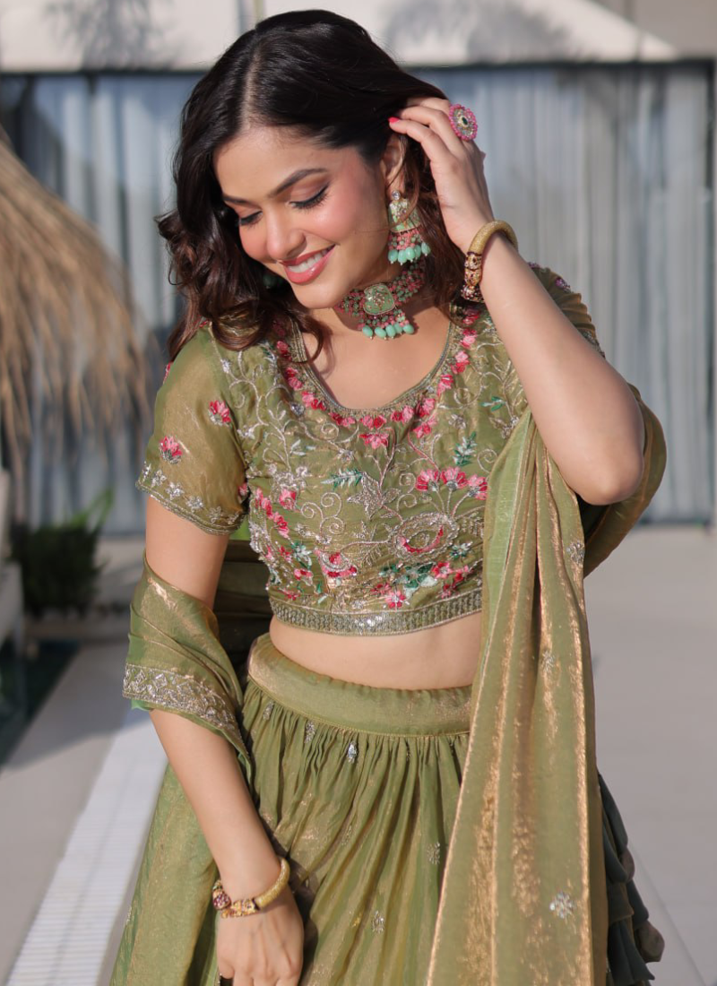 Olive Green Lehenga Choli With Fendi Silk Sequins Embroidered Work