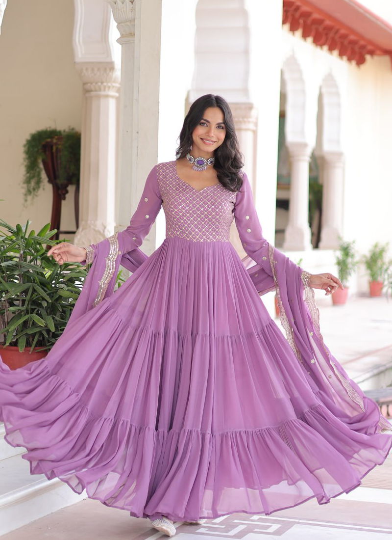 Onion Pink Georgette Embroidered Work Designer Long Gown With Dupatta