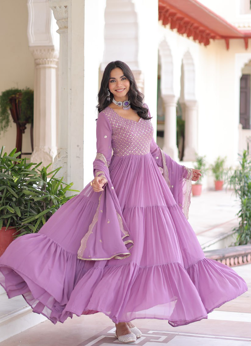 Onion Pink Georgette Embroidered Work Designer Long Gown With Dupatta