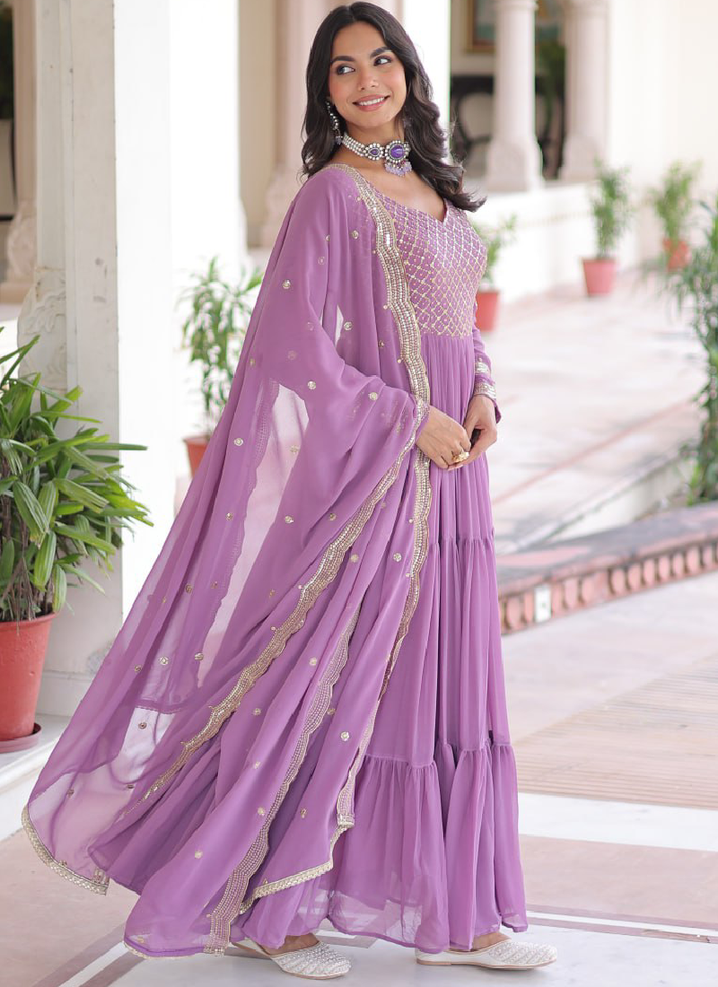 Onion Pink Georgette Embroidered Work Designer Long Gown With Dupatta