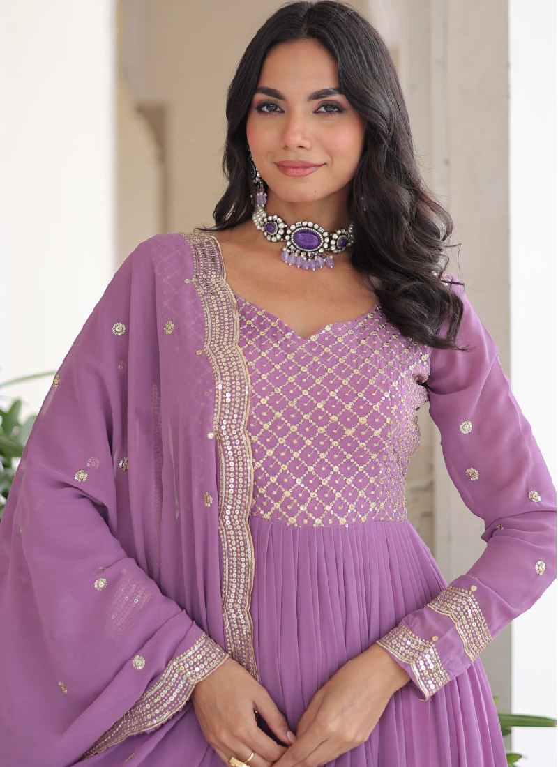 Onion Pink Georgette Embroidered Work Designer Long Gown With Dupatta