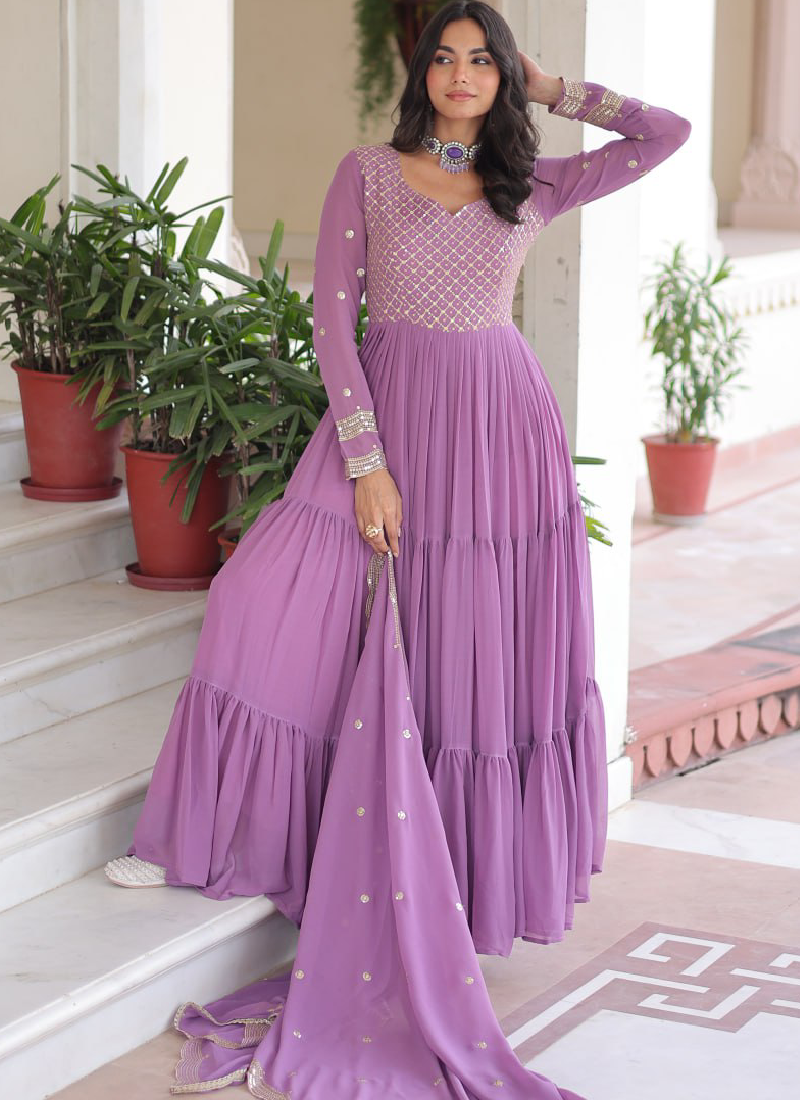 Onion Pink Georgette Embroidered Work Designer Long Gown With Dupatta