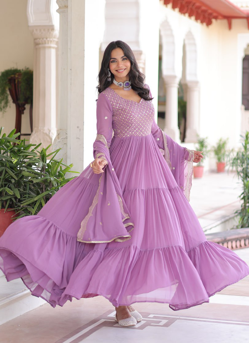 Onion Pink Georgette Embroidered Work Designer Long Gown With Dupatta