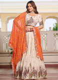 Orange And Cream Tissue Silk Sequence Embroidery Work Lehenga Choli