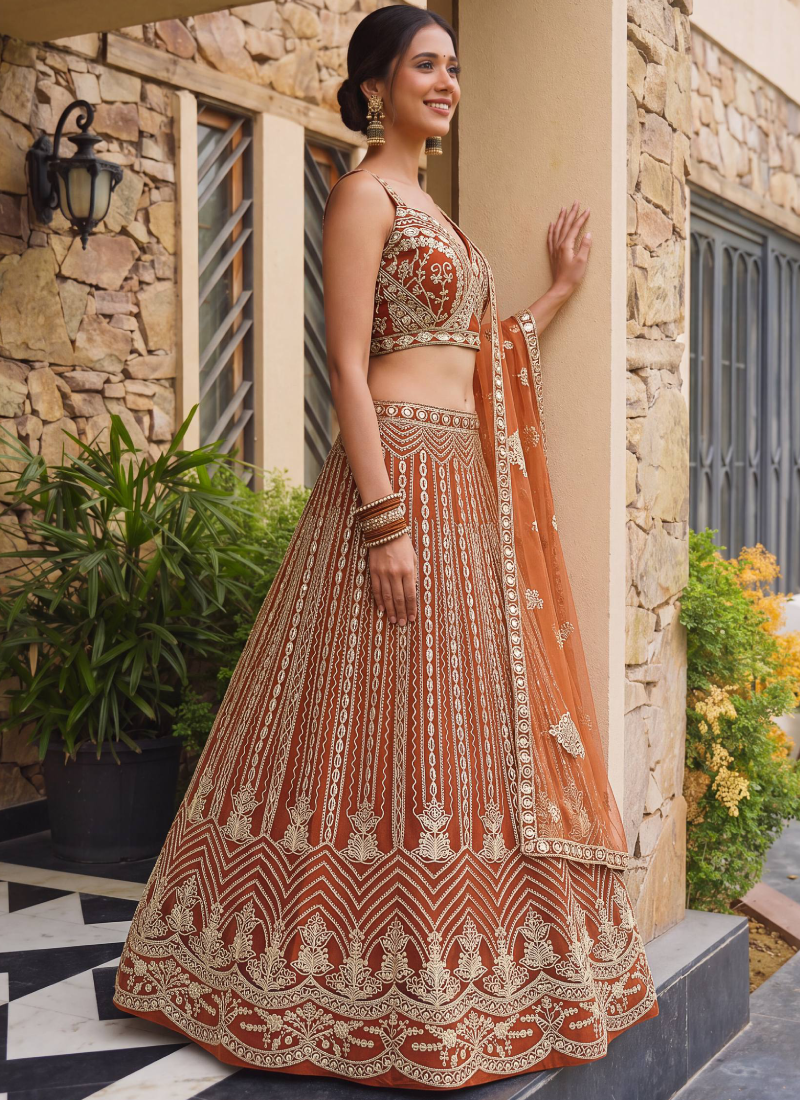 Orange Butterfly Net Sequence Codding Embroidery Lehenga Choli 
