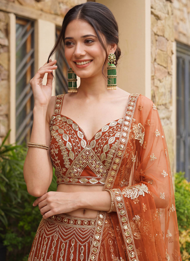 Orange Butterfly Net Sequence Codding Embroidery Lehenga Choli 