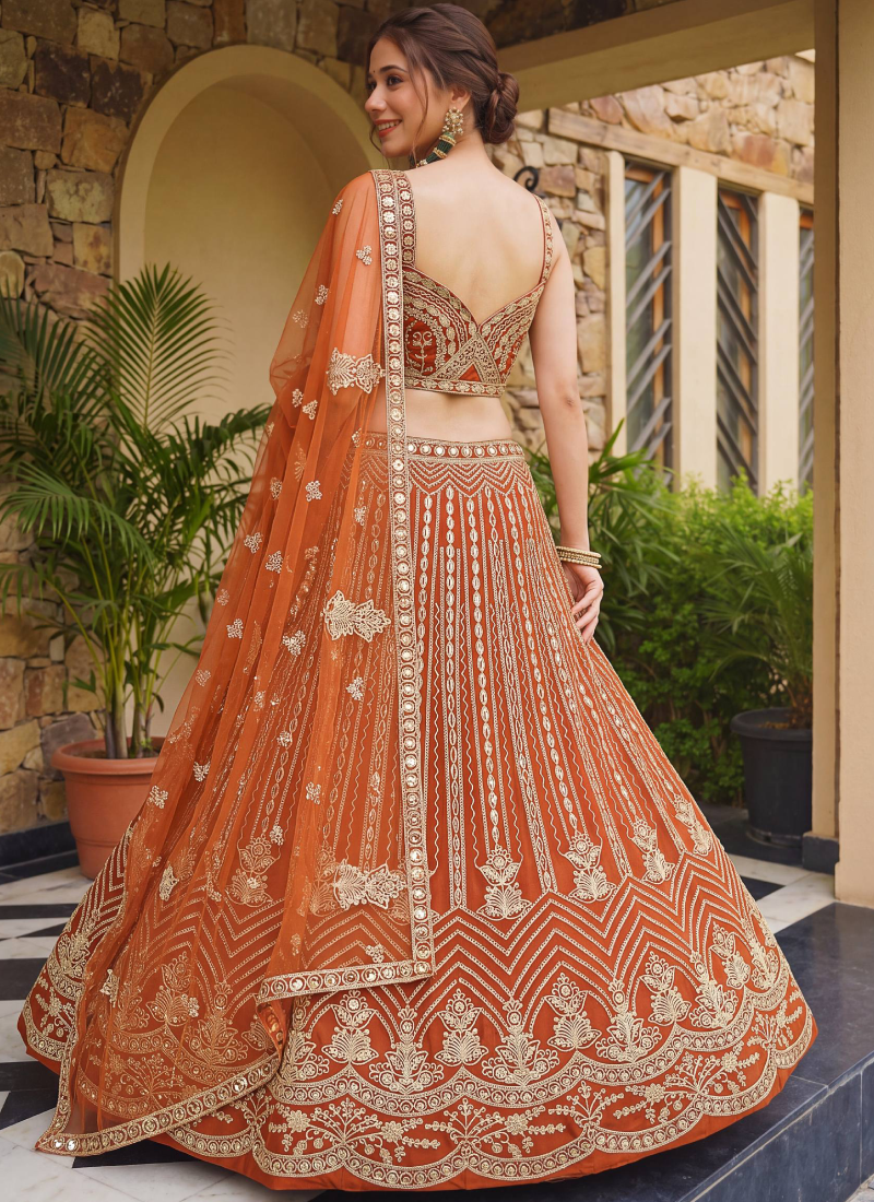 Orange Butterfly Net Sequence Codding Embroidery Lehenga Choli 