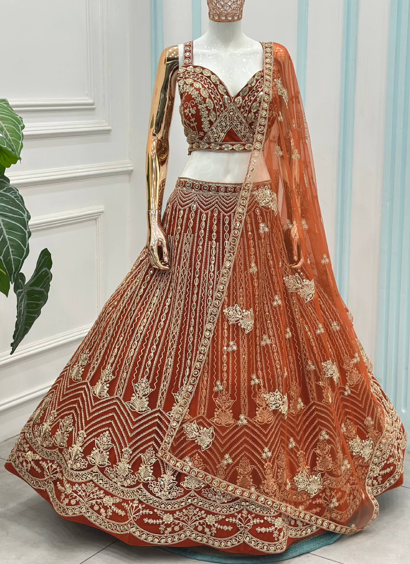 Orange Butterfly Net Sequence Codding Embroidery Lehenga Choli 