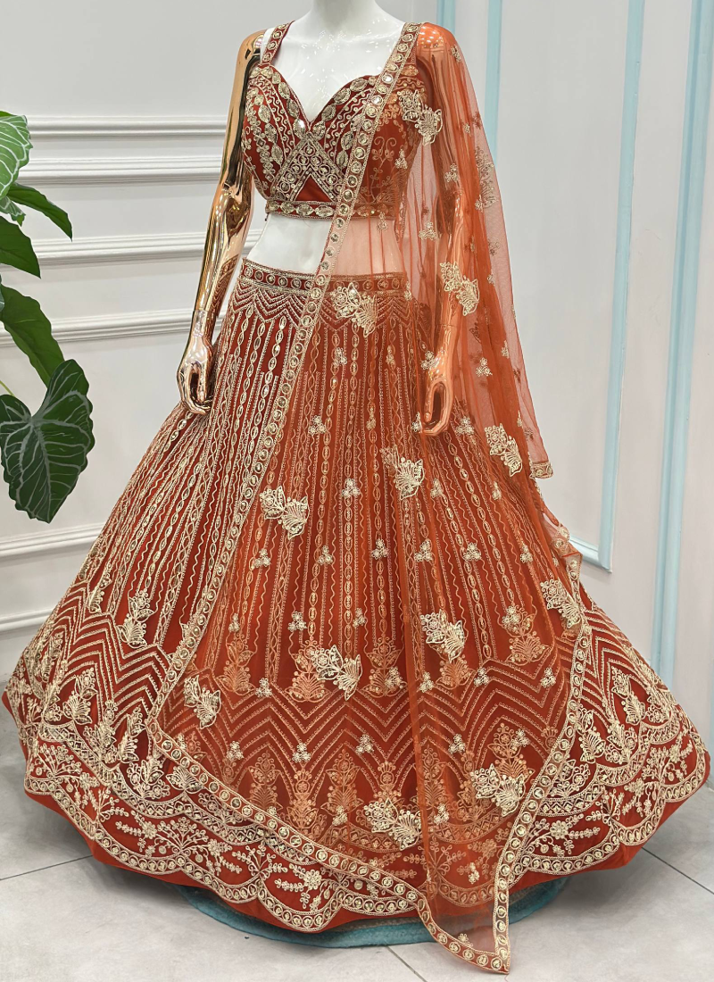 Orange Butterfly Net Sequence Codding Embroidery Lehenga Choli 