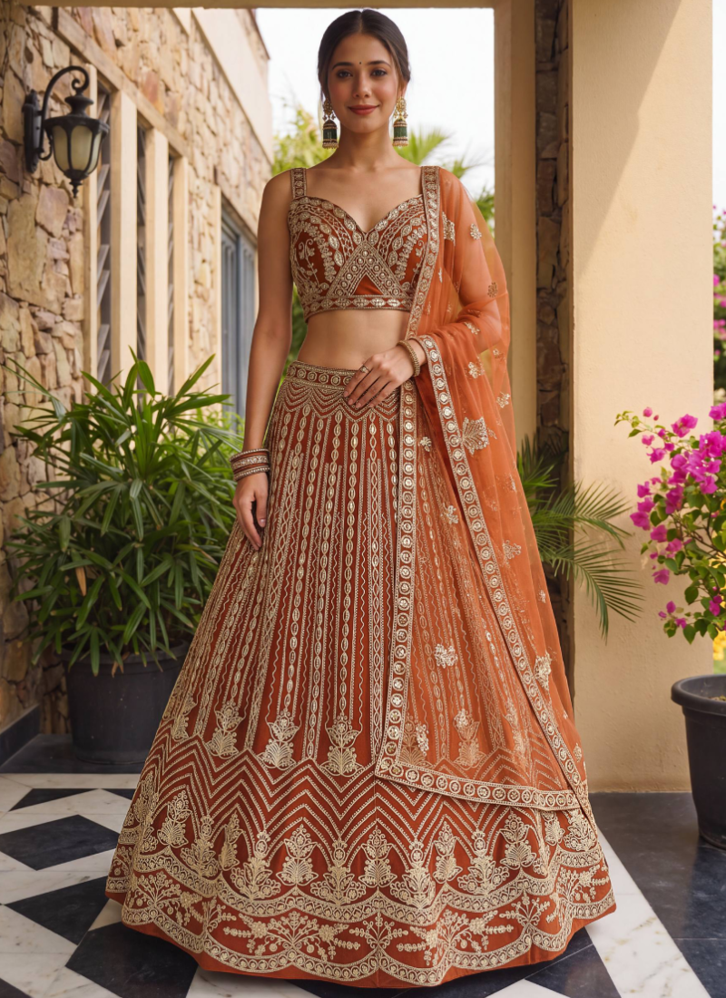 Orange Butterfly Net Sequence Codding Embroidery Lehenga Choli 